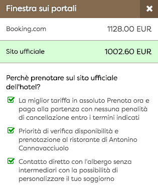 Screenshot di vantaggi di prenotazione diretta dal sito web di un hotel