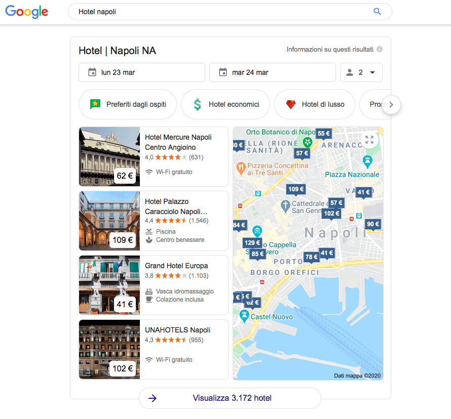 Esempio dei risultati nella SERP per Hotel Napoli su Google Hotel ADS